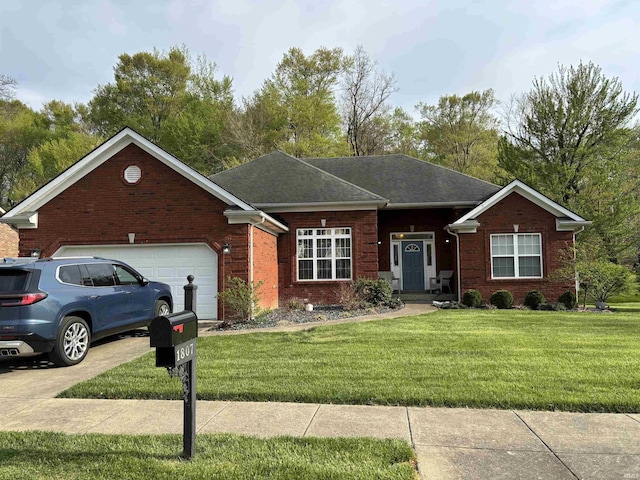 1807 Sterling Oaks Dr, Sellersburg, IN 47172 - single story home with brick siding, an attached garage, a front yard, and concrete driveway