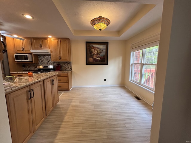 1807 Sterling Oaks Dr, Sellersburg, IN 47172 - kitchen featuring a tray ceiling, under cabinet range hood, baseboards, light stone counters, and stainless steel range