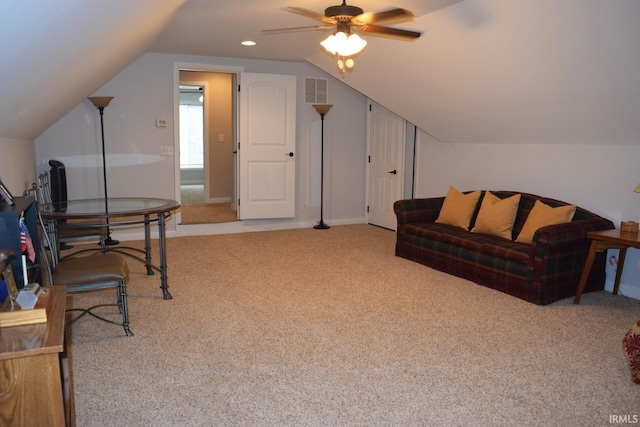 3201 Helmsford Ct, Evansville, IN 47715 - interior space featuring lofted ceiling, visible vents, carpet flooring, and ceiling fan