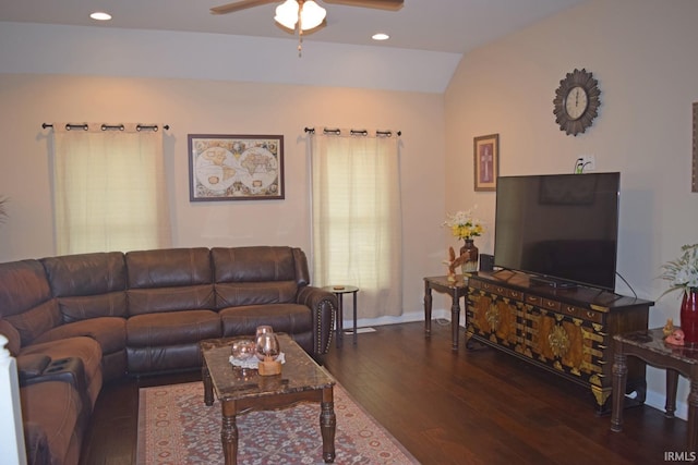 3201 Helmsford Ct, Evansville, IN 47715 - living area featuring ceiling fan, vaulted ceiling, wood finished floors, and recessed lighting