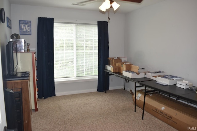 3201 Helmsford Ct, Evansville, IN 47715 - home office featuring carpet, visible vents, a ceiling fan, and baseboards