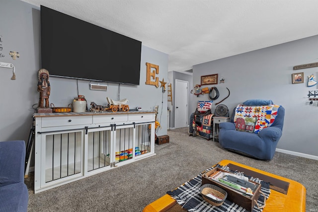 living room featuring carpet, visible vents, and baseboards