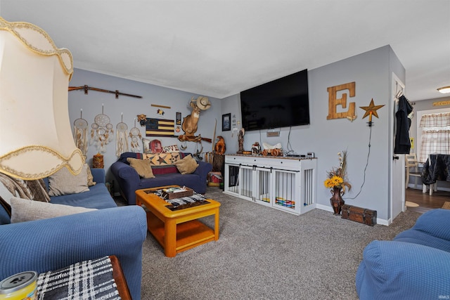 carpeted living area with baseboards