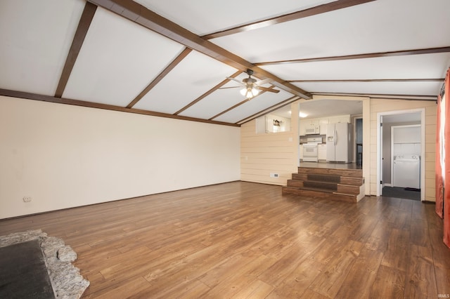 357 Mount Auburn St, Dunkirk, IN 47336 - unfurnished living room featuring lofted ceiling with beams, ceiling fan, hardwood / wood-style flooring, and washer / clothes dryer