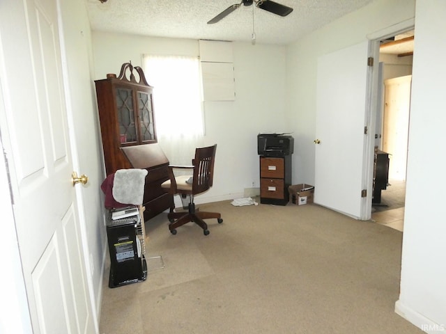 office space with a ceiling fan, carpet floors, and a textured ceiling