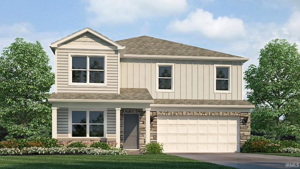 view of front of property featuring a shingled roof, an attached garage, board and batten siding, driveway, and a front yard