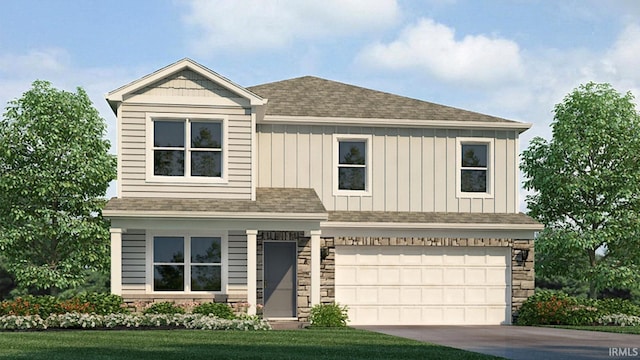 view of front of property featuring a shingled roof, an attached garage, board and batten siding, driveway, and a front yard