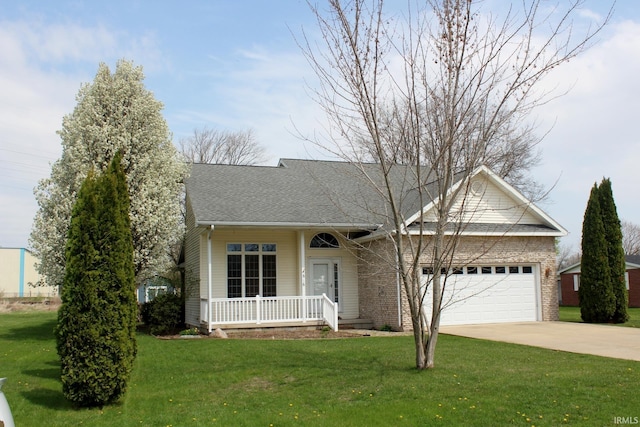 view of front of property featuring a garage, a porch, a front lawn, and concrete driveway