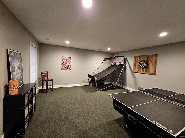 playroom featuring baseboards, dark colored carpet, and recessed lighting