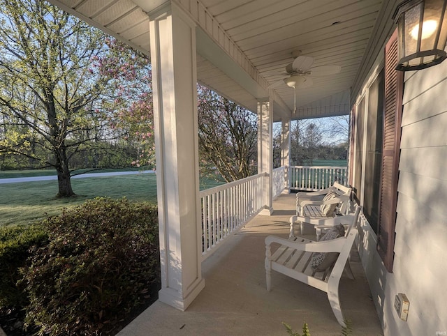 view of patio featuring a ceiling fan and covered porch