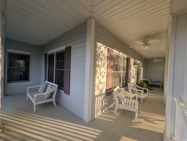 view of patio / terrace featuring a ceiling fan and covered porch