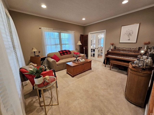 carpeted living area featuring ornamental molding, french doors, and recessed lighting