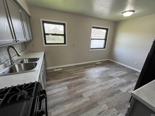 kitchen with wood finished floors, visible vents, baseboards, and a sink
