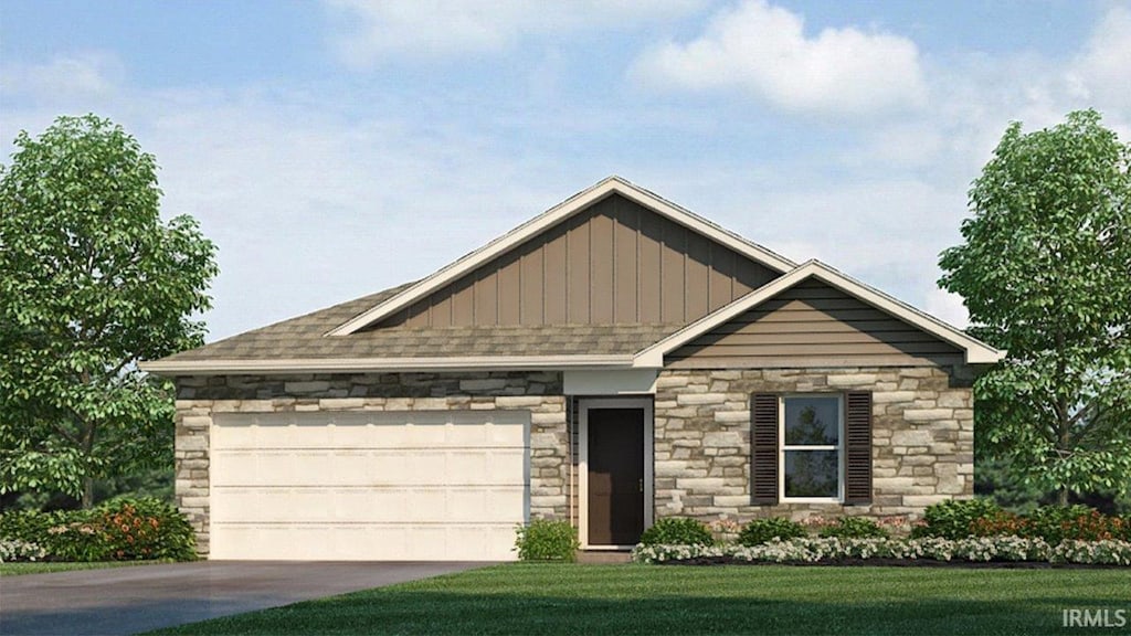 craftsman inspired home with roof with shingles, stone siding, concrete driveway, an attached garage, and board and batten siding