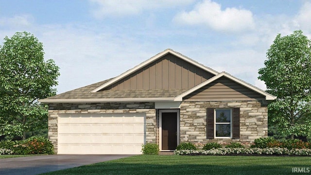 craftsman inspired home with roof with shingles, stone siding, concrete driveway, an attached garage, and board and batten siding