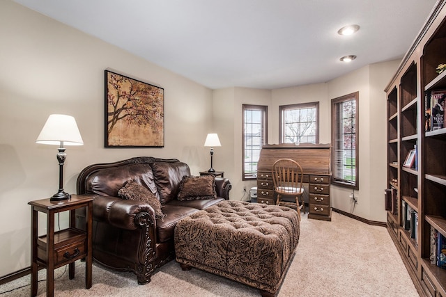 living area with carpet and baseboards