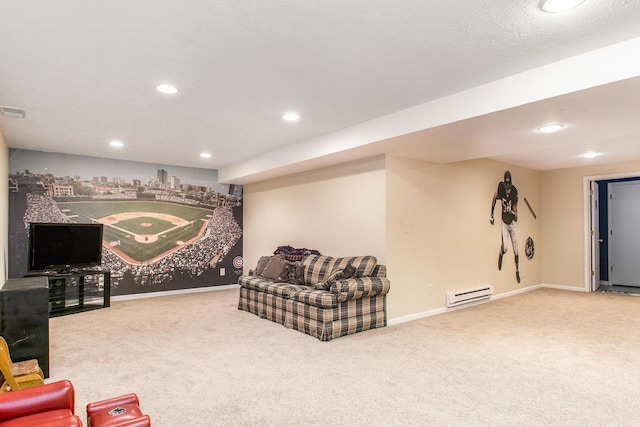 sitting room with a baseboard radiator, recessed lighting, baseboards, and carpet floors