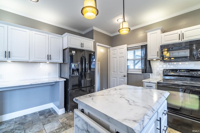 kitchen featuring white cabinets, baseboards, decorative backsplash, light stone counters, and black appliances