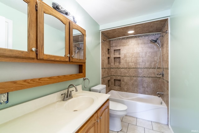 full bath featuring toilet, vanity, shower / tub combination, and tile patterned floors