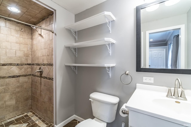full bathroom with toilet, a stall shower, baseboards, recessed lighting, and vanity