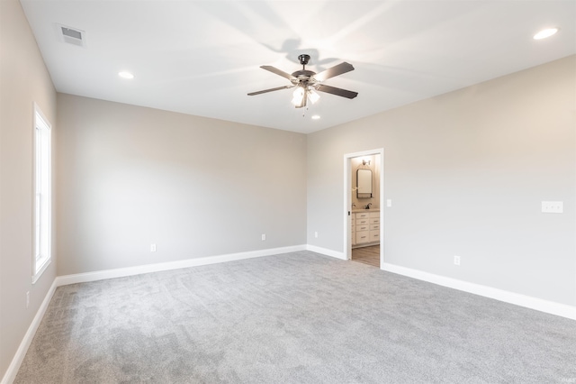 1033 Triple Crown Dr, Evansville, IN 47725 - empty room featuring a ceiling fan, visible vents, carpet floors, baseboards, and recessed lighting