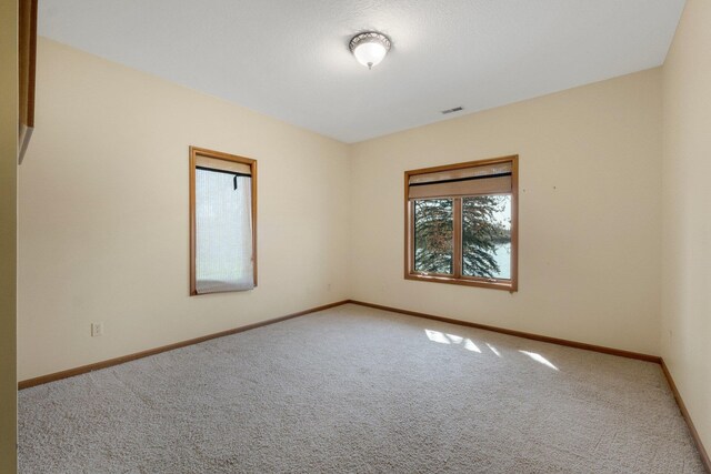 spare room with visible vents, baseboards, and carpet