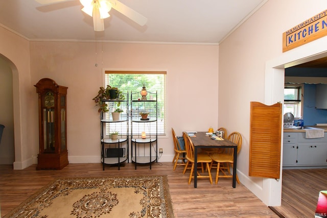 dining room featuring arched walkways, baseboards, wood finished floors, ceiling fan, and crown molding