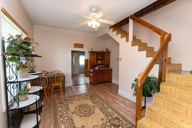 entryway with baseboards, a ceiling fan, wood finished floors, stairs, and ornamental molding