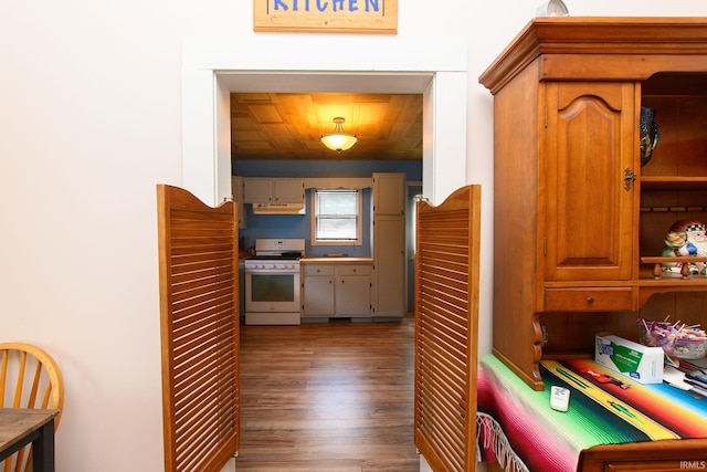 kitchen with open shelves, wood finished floors, gas range gas stove, and under cabinet range hood