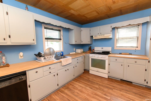 kitchen featuring white range with gas stovetop, dishwasher, light countertops, wooden ceiling, and under cabinet range hood