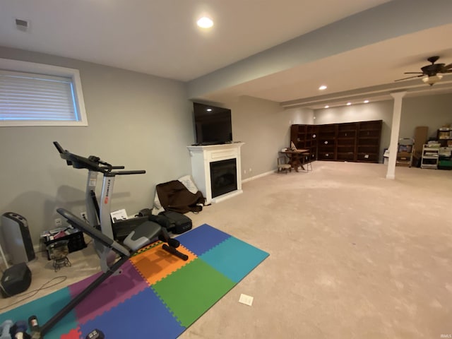 3201 E Kristen Ct, Bloomington, IN 47401 - workout area featuring carpet, a fireplace, and recessed lighting