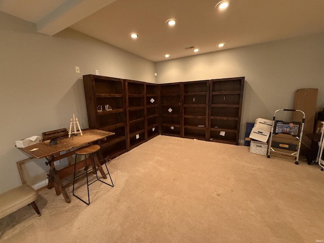3201 E Kristen Ct, Bloomington, IN 47401 - living area with beamed ceiling, carpet floors, and recessed lighting