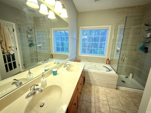 3201 E Kristen Ct, Bloomington, IN 47401 - full bath with a shower stall, a tub with jets, a sink, and tile patterned floors