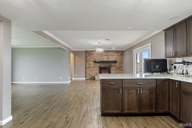 1689 E 550 Rd S, Peru, IN 46970 - kitchen featuring dark brown cabinets, open floor plan, light wood finished floors, light countertops, and a peninsula