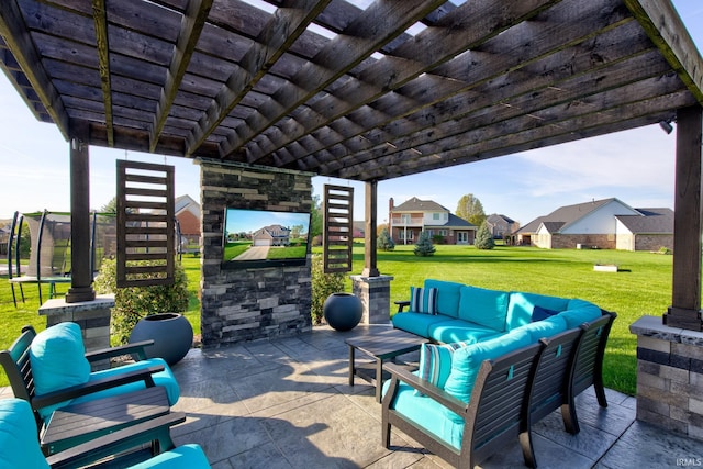 view of patio with outdoor lounge area, a residential view, and a pergola