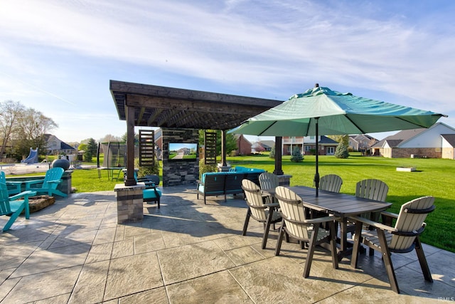 view of patio with outdoor dining space and stairs