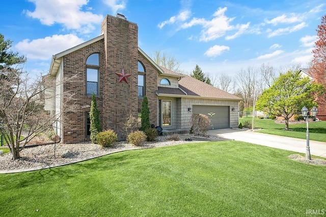 traditional home with roof with shingles, a front lawn, a chimney, concrete driveway, and an attached garage