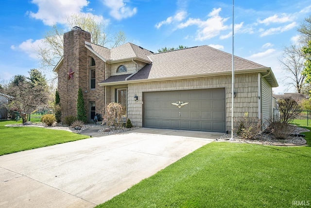 traditional home with roof with shingles, driveway, a chimney, a garage, and a front yard