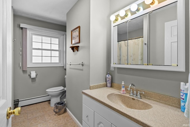 bathroom featuring toilet, baseboards, baseboard heating, tile patterned flooring, and vanity