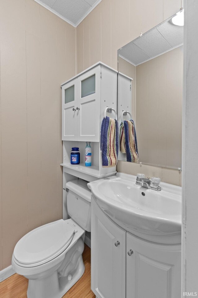 bathroom featuring a decorative wall, wood finished floors, vanity, and toilet