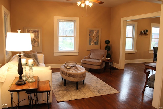 1185 N 10th St, Noblesville, IN 46060 - living area with baseboards, dark wood-type flooring, and ceiling fan