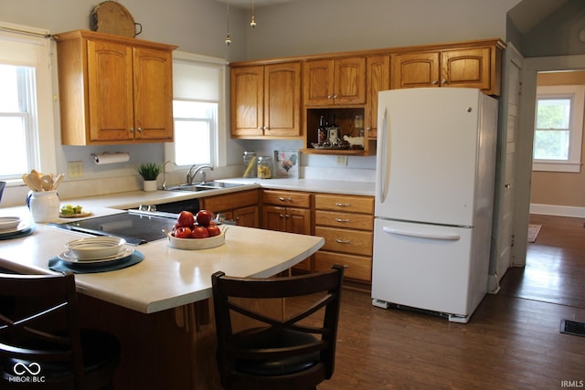 1185 N 10th St, Noblesville, IN 46060 - kitchen featuring a peninsula, freestanding refrigerator, a sink, and plenty of natural light