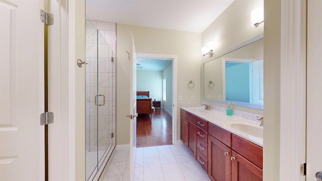 3512 Forestdale Dr, Newburgh, IN 47630 - full bathroom featuring marble finish floor, a sink, a shower stall, and double vanity