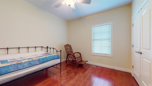 3512 Forestdale Dr, Newburgh, IN 47630 - bedroom featuring baseboards, wood finished floors, visible vents, and ceiling fan