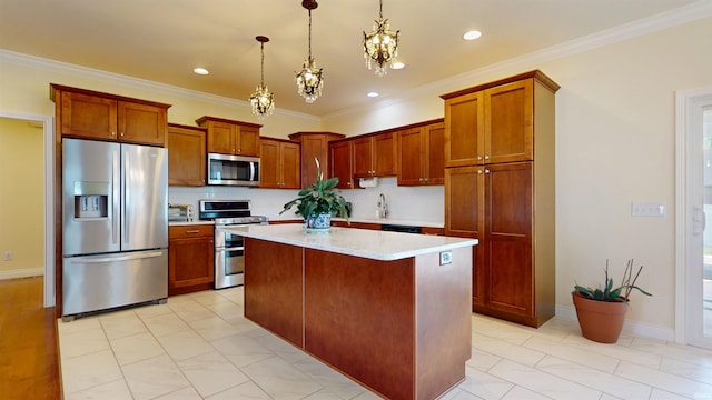 3512 Forestdale Dr, Newburgh, IN 47630 - kitchen featuring hanging light fixtures, stainless steel appliances, light countertops, a notable chandelier, and a kitchen island