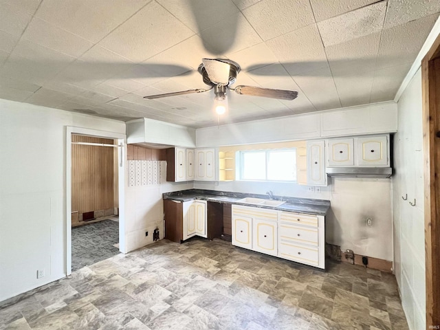 857 Byron St, Huntington, IN 46750 - kitchen featuring a sink, dark countertops, ceiling fan, and stone finish floors