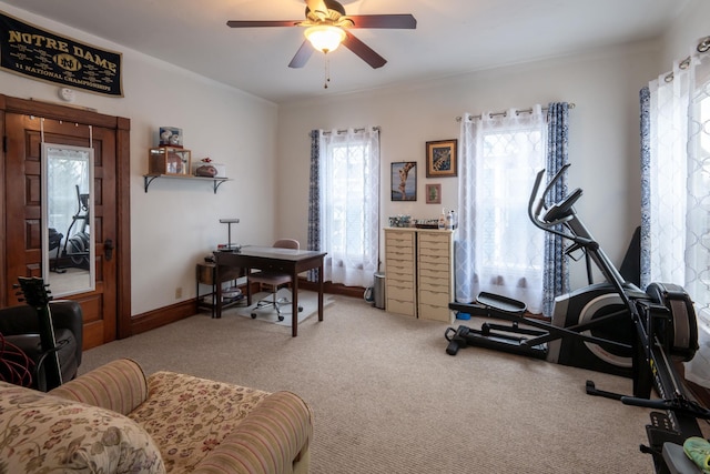 819 Columbia Ave, Fort Wayne, IN 46805 - workout room with light carpet and ceiling fan