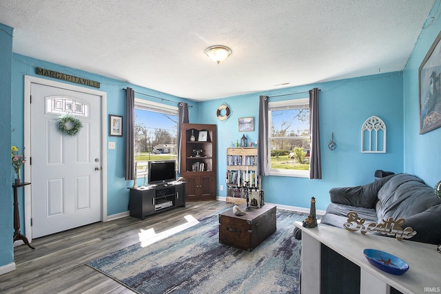 living room with baseboards, wood finished floors, and a textured ceiling