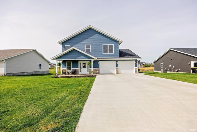 craftsman inspired home with a porch, a front lawn, cooling unit, and concrete driveway