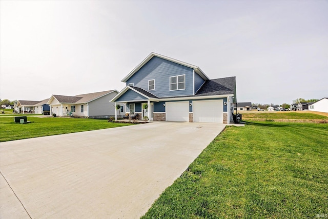 craftsman inspired home featuring a front lawn, driveway, covered porch, stone siding, and a garage